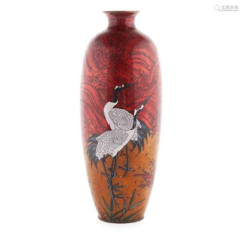 MEIJI GOLDSTONE CLOISONNE CRANE VASE