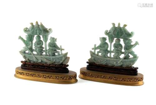 PAIR OF JADEITE CARVED BOATING FIGURES