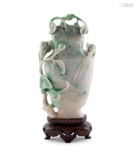 CHINESE CARVED PALE JADE COVERED VASE