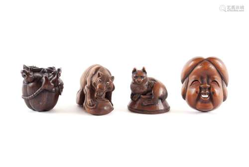 FOUR WOOD CARVED NETSUKE AND OKIMONO