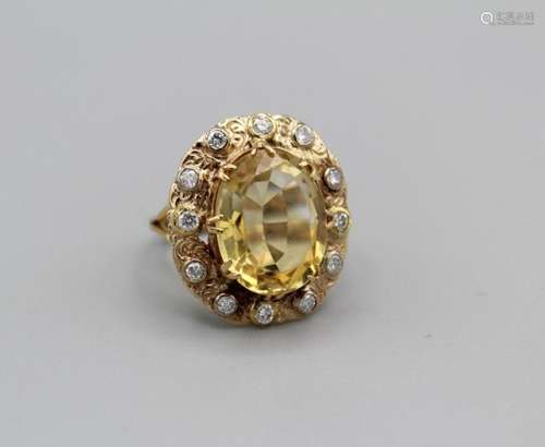 A Victorian citrine and diamond cocktail ring in ornate sett...