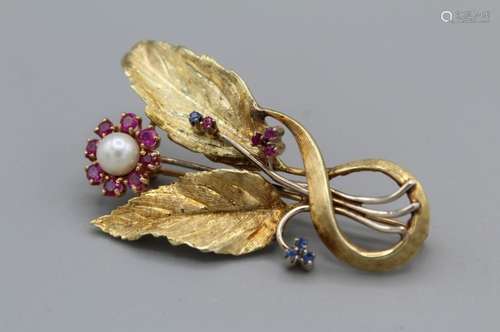 A ruby, sapphire and cultured pearl set spray brooch in yell...