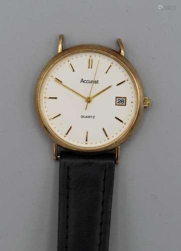 A 9ct gold Accurist wristwatch on a part leather strap. Quar...