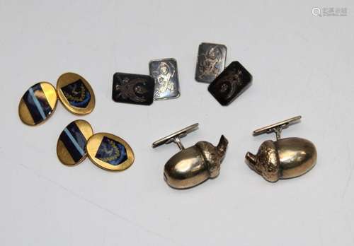 Three pairs of vintage cufflinks, one a pair of Niello work ...