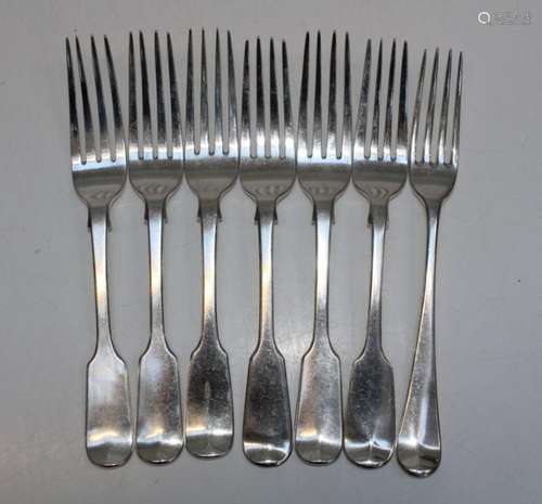 A selection of seven sterling silver fiddle pattern forks. A...