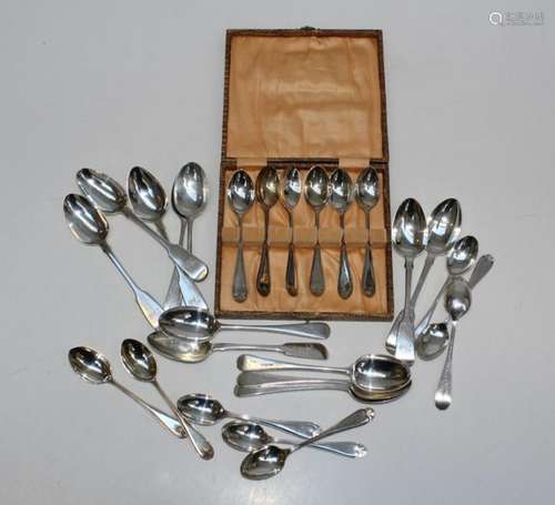 Twenty seven silver teaspoons, six in fitted case. Approxima...