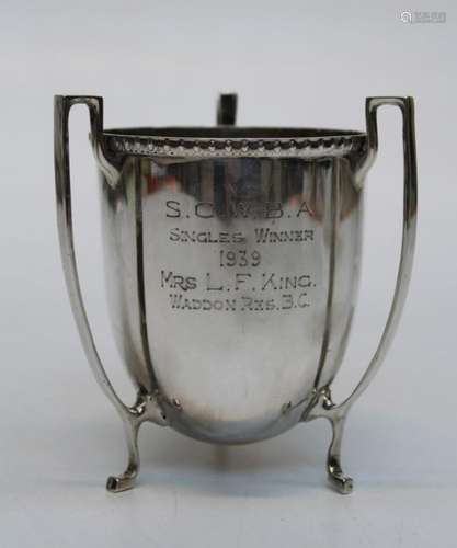 A three handled sterling silver engraved cup, approximate we...