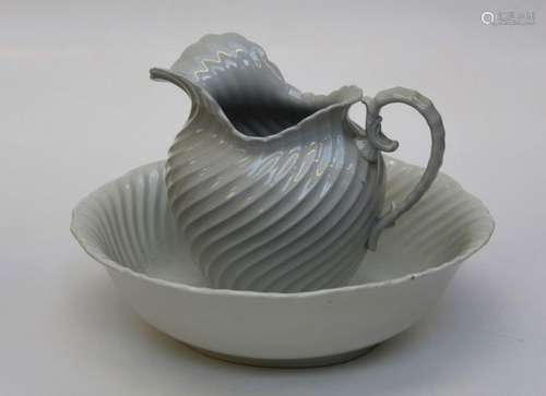 A Cauldron wrythen form white glazed wash jug and basin