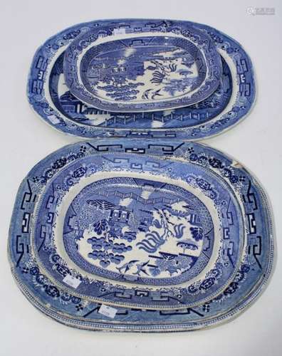 A 19th Willow pattern meat platter, 49 x 36.5cm, together wi...