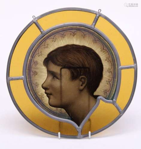 An aesthetic period leaded , stained and painted circular gl...