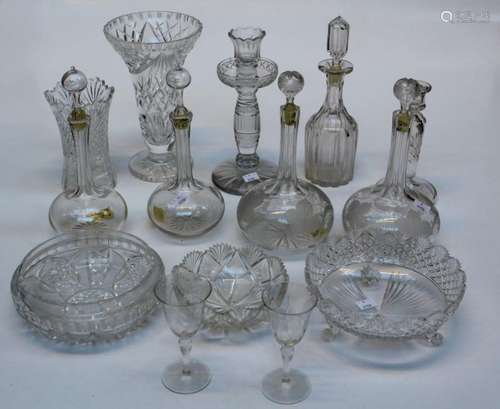 Twelve globular, mallet form and other cut glass decanters(t...