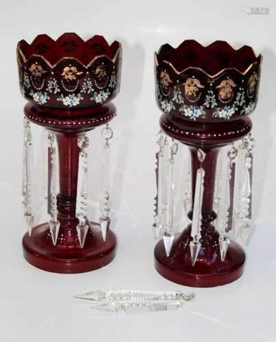 A pair of Edwardian ruby glass, florally enamel decorated ta...