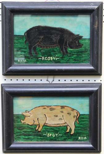 20th century Naive School Two studies of rare breed pigs, Sp...