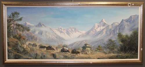 20th century Napalese School, Himalayan landscape with laden...