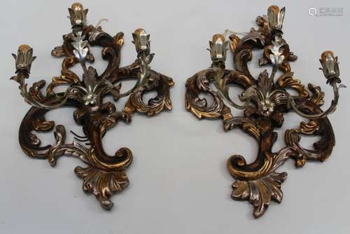 A pair of 20th century Rococo form carved wood, metal and pa...