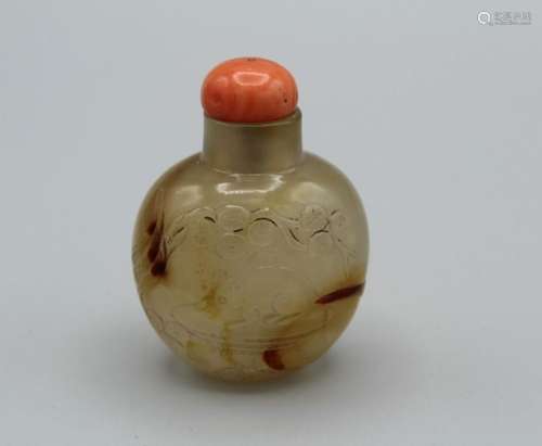 Snuff bottle. Pale grey agate of bulbous ovoid form resting ...