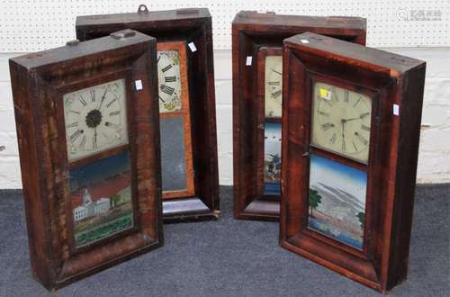 Four, late 19th century American walnut cased drop dial wall...