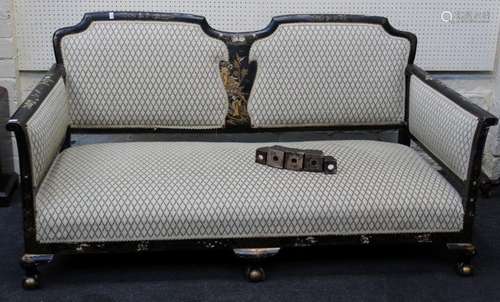 A circa 1920s two person salon settee, with black lacquer pa...