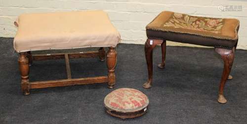 An Edwardian elm framed footstool with cup and cover and blo...