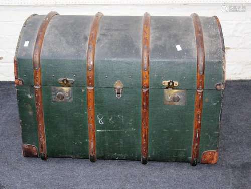 An Edwardian canvas, wood bound, dome top cabin trunk, 85cm ...