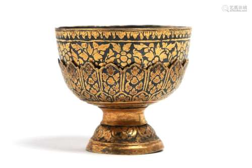 A fine miniature silver gilt ritual bowl with stem tray deco...