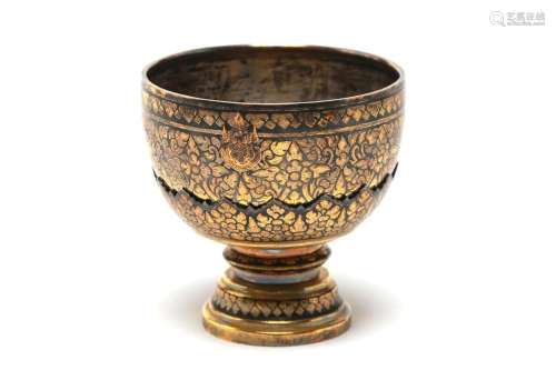 A gilded silver niello bowl on a stem tray engraved and desi...