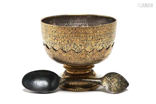 A gilded silver niello bowl on a stem tray with spoon engrav...