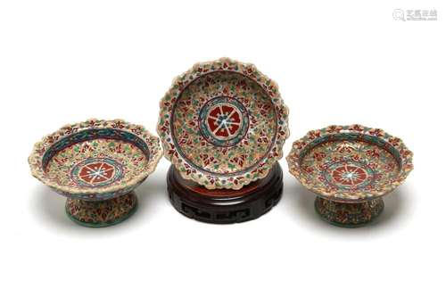 Three Benjarong Lai Nam Thong stem dishes painted and gilt w...