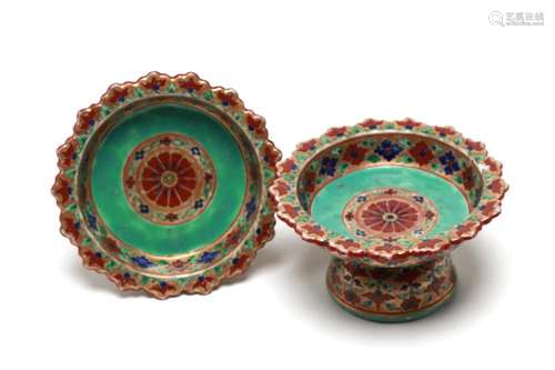 A pair of Benjarong stem dishes, painted to exterior with fl...