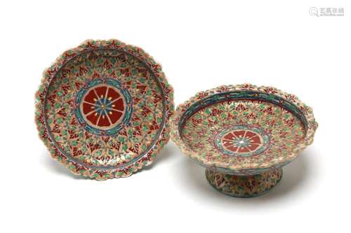 Two Benjarong Lai Nam Thong stem dishes painted and gilt wit...