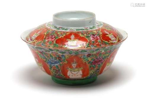 A Benjarong covered bowl painted with Theppanom amidst a flo...