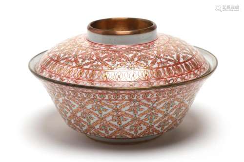 A Benjarong covered bowl painted with trellis and rice desig...
