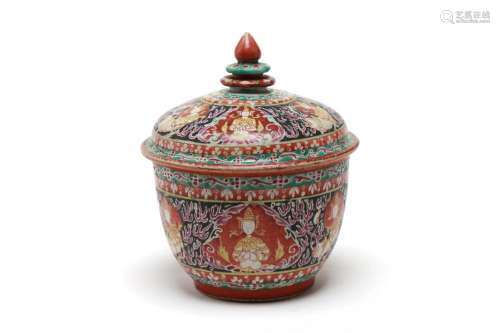 A Benjarong covered jar painted with Theppanom and Norasingh...