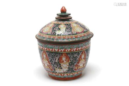 A Benjarong covered jar painted with Theppanom and Norasingh...