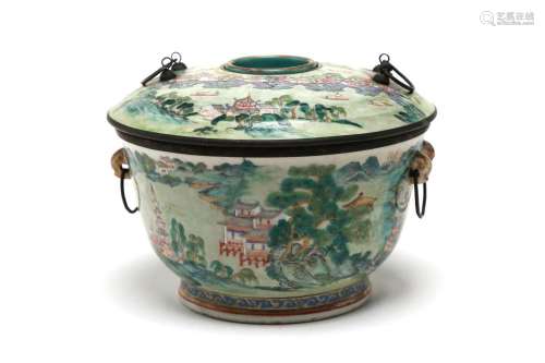 A polychrome porcelain hotpot painted with pavilion and land...