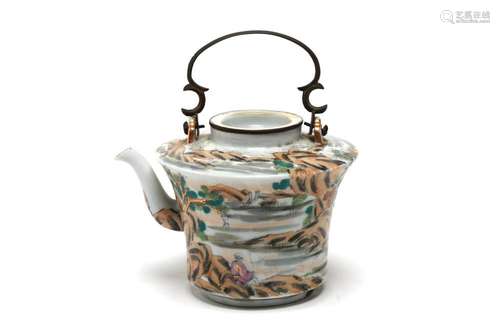 A polychrome porcelain teapot painted and gilt with mountain...