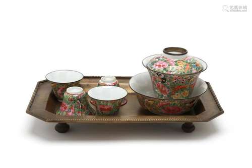 A Benjarong Lai Nam Thong tea set painted with roses blossom...