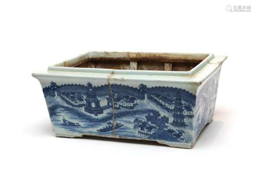 A blue and white porcelain Bonsai pot painted with landscape...