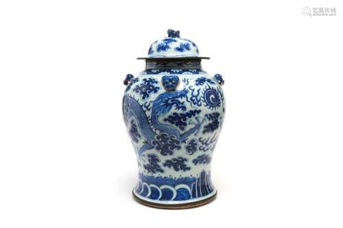 A blue and white porcelain covered baluster jar with lion ma...