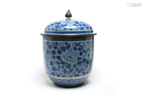 A large of blue and white porcelain covered jar and lotus bu...
