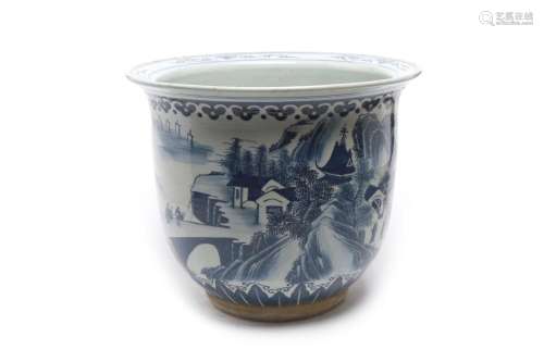 A blue and white porcelain planter painted with mountainous ...
