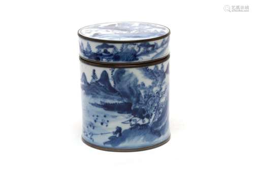 A blue and white porcelain covered box painted with a contin...