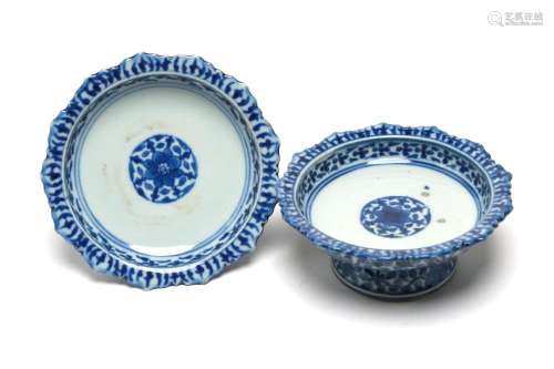 A pair of blue and white porcelain stem dishes painted with ...