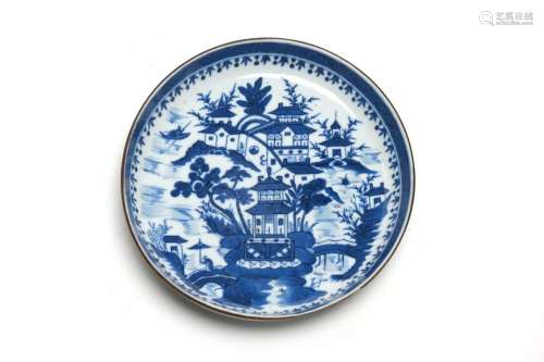 A blue and white porcelain circle teapot tray painted with p...