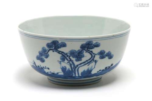 A blue and white porcelain bowl painted with old man fishing...