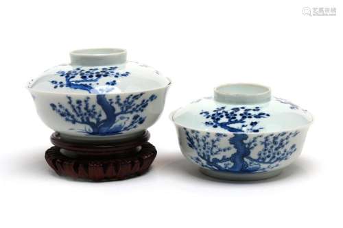 A pair of blue and white porcelain covered bowls, each paint...
