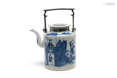 A blue and porcelain cylindrical teapot painted with episode...