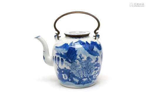 A large blue and white porcelain teapot painted with continu...