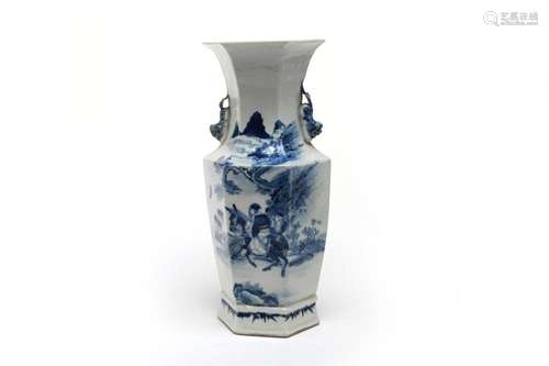 A blue and white porcelain hexagonal vase painted with noble...