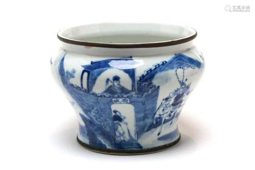 A blue and white porcelain spittoon painted with episode fro...